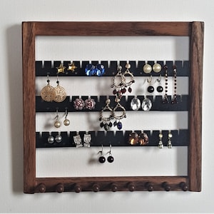 solid oak,  earring rack,   Earring holder, 40-50 pairs,  dark stain, Wooden rack for jewelry,  10" x 9"    FREE SHIPPING, made in USA