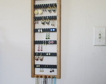 wooden earring holder, Oak Earring Rack, Wall Mounted, Jewelry Organizer, Holds 60 Pairs