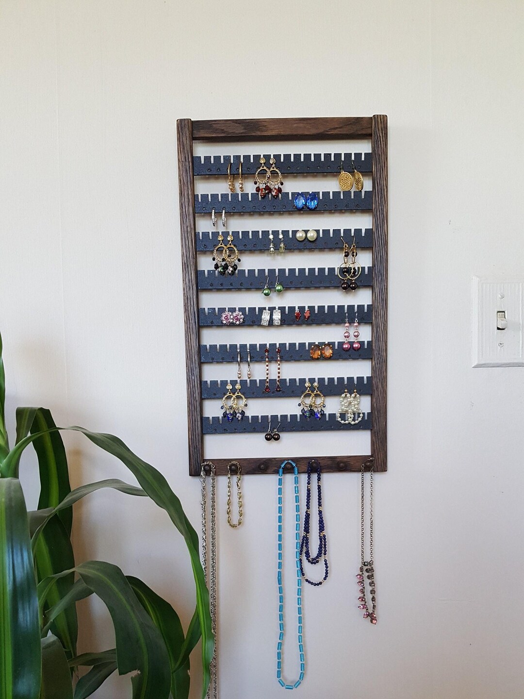 Handchime Racks Oak Wood Earring Holder, Holds 120 Pairs, Necklace Pegs, Wall Mount ...