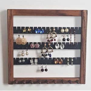 solid oak,  earring rack,   Earring holder, 40-50 pairs,  dark stain, Wooden rack for jewelry,  10&quot; x 9&quot;    FREE SHIPPING, made in USA