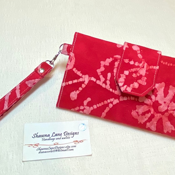 wallet with wristlet strap, trifold wallet, colorful red batik fabric, organizer wallet, checkbook, cell phone accessory, small purse