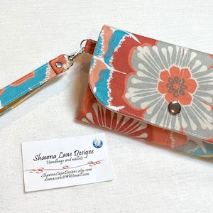 women&#39;s wallet, wristlet, cell phone wallet, fits iphone, small purse, orange, blue, colorful, floral, canvas fabric, affordable girl&#39;s gift
