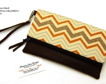 wristlet with zipper, foldover clutch, brown chevron handbag, faux leather, affordable cute women's gift, cell phone accessory, small purse