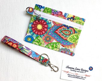 zipper pouch, coin purse, colorful keychain with wristlet strap, debit card keeper, money pouch, lip balm holder, affordable gift all ages