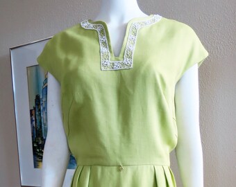 1960s Lime Green Linen Dress - Large