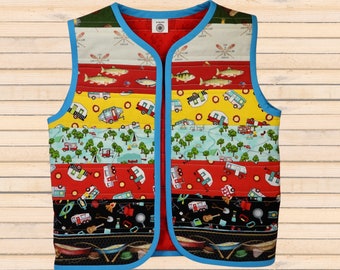 Size 6 - Handmade Quilted Child Vest - Fully Lined - 100% Cotton - Camping Prints - complete & ready to ship - NO SNAPS (can be added)