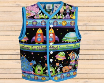 Size 3 - Handmade Quilted Toddler / Child Vest - Fully Lined - 100% Cotton - "Aliens/Space" theme - complete and ready to ship -  OOAK