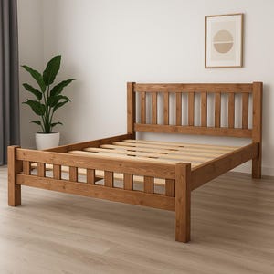May include: A wooden bed frame with a headboard and footboard. The bed frame is made of light brown wood and has a slatted base. The headboard features vertical wooden slats. The bed is empty and ready for a mattress.