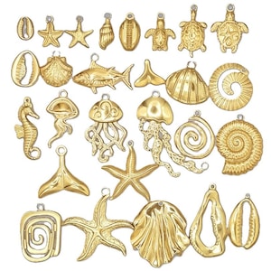 May include: A collection of gold-colored charms featuring various sea creatures and marine life. The charms include starfish, seashells, seahorses, jellyfish, turtles, and fish. Each charm has a small loop for attaching to jewelry or other crafts.