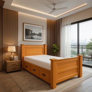 May include: A wooden twin-size bed frame with a white mattress and three drawers underneath. The bed frame is a light orange color and has a simple design. The bed is in a bedroom with a window and a ceiling fan.