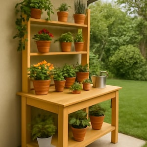 Könnte beinhalten: Ein hölzerner Pflanztisch mit mehreren Regalen, auf denen verschiedene Topfpflanzen und Blumen stehen. Die Werkbank ist hellgelb gestrichen und steht im Freien in der Nähe eines grünen Rasens. Eine Metallgießkanne steht auf der Tischplatte.