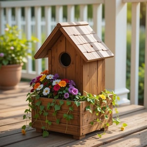 May include: A wooden birdhouse with a shingled roof and a round entry hole. The birdhouse is combined with a planter box filled with colourful flowers. Green vines cascade down the sides of the planter, creating a charming garden accent.