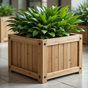 Handgemaakte houten plantenbak met groene plant – binnen/buiten tuindecor – natuurlijke houten plantenbak voor thuis of terras – pdf-doe-het-zelfplan inbegrepen