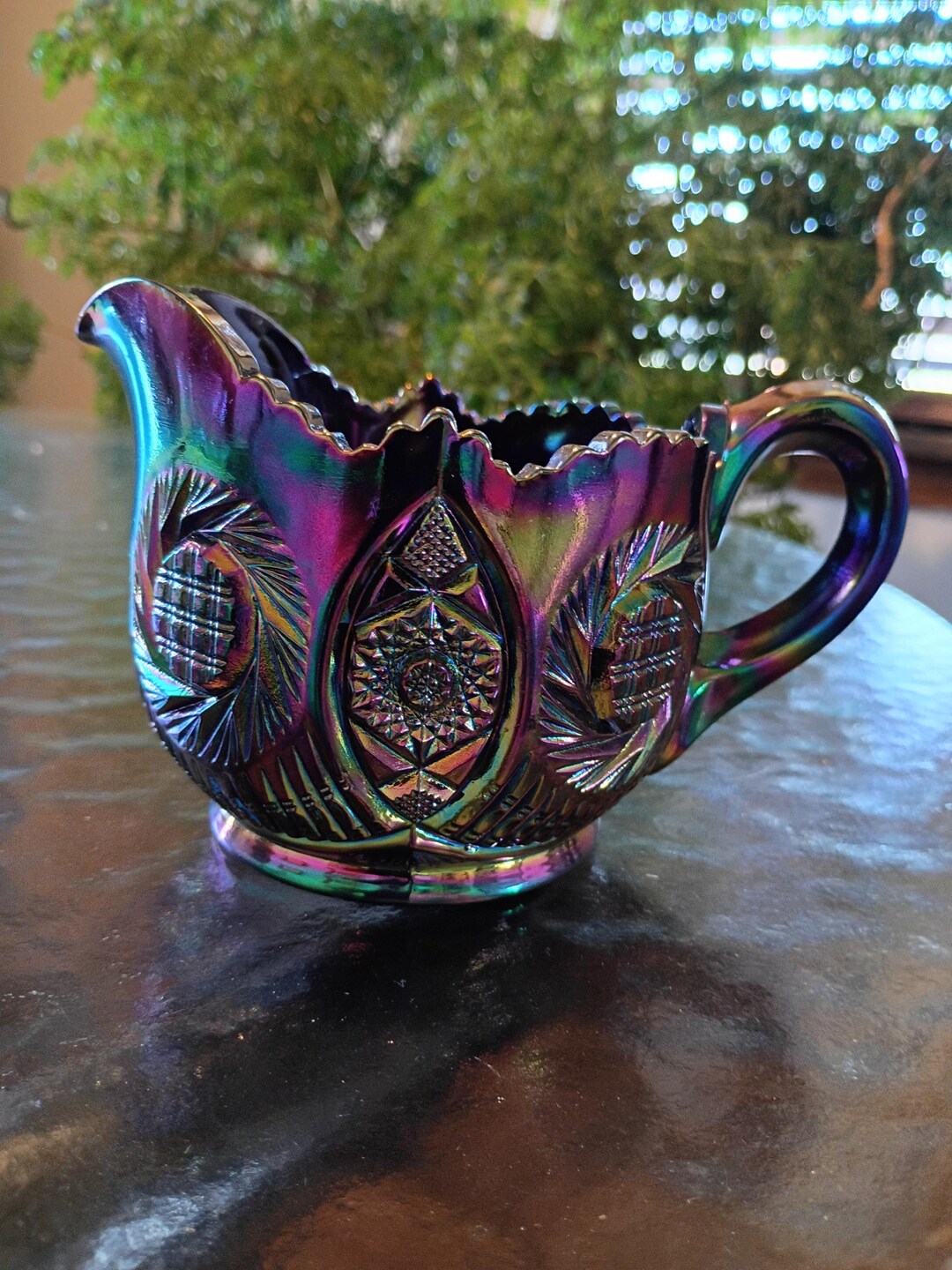 Fenton Art Glass Black Amethyst Carnival Aztec Pinwheel Creamer ...