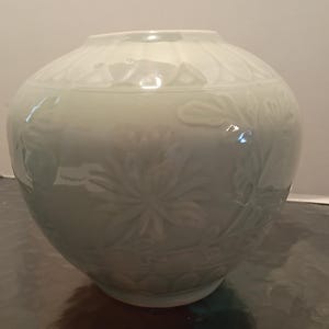 Vintage Chinese Celedon Glazed Molded Porcelain Globular Vase.. TreasuresByFlick
