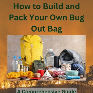 May include: A yellow backpack, a sleeping bag, water bottles, canned goods, rope, a first aid kit, a flashlight, and other survival gear are arranged on a wooden surface. The text "How to Build and Pack Your Own Bug Out Bag" and "A Comprehensive Guide" are displayed above the image. The logo "Tactical Choice Plus" is displayed below the image.