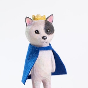 Hand-Carved Wooden Cat Sculpture 6 – Adorable Crowned Standing Staring Pose, Unique Artisan Craft