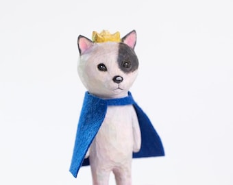 Hand-Carved Wooden Cat Sculpture 6 – Adorable Crowned Standing Staring Pose, Unique Artisan Craft