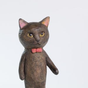 Hand-Carved Wooden Cat Sculpture 11 – Adorable Crowned Standing Staring Pose, Unique Artisan Craft