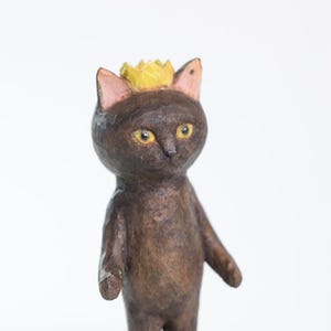 Hand-Carved Wooden Cat Sculpture 3 – Adorable Crowned Standing Staring Pose, Unique Artisan Craft