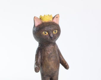 Hand-Carved Wooden Cat Sculpture 3 – Adorable Crowned Standing Staring Pose, Unique Artisan Craft