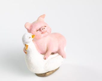 Ton Tierskulptur: Schwein & Ente Figur im japanischen Stil