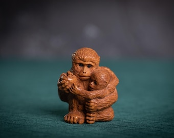 Caring | Netsuke Works | Japanese Handmade Art | Love | Boxwood | Antique | Monkey