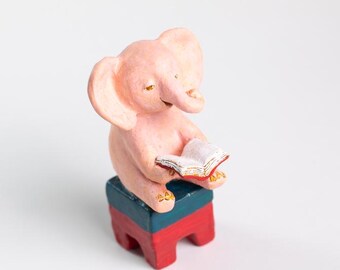 Reading Elephant Sculpture: Japanese-Style Clay Art Figurine