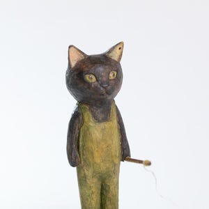 Hand-Carved Wooden Cat Sculpture 8 – Adorable Crowned Standing Staring Pose, Unique Artisan Craft