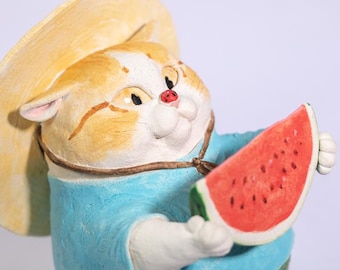Ceramic Cat Sculpture: Watermelon, Ladybug, Japanese Pottery
