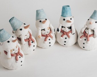 Little Snowman Pottery Sculpture: Japanese-Style Cat Figurine (Limited Edition)