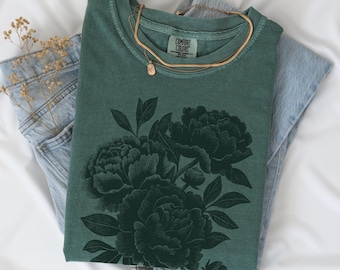 Large Print Peony Flower Shirt, Vintage Style Botanical Art Graphic Tee
