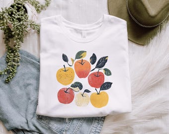 Retro Organic Apple Graphic Tee, Vintage Wood Block Print Inspired T-Shirt