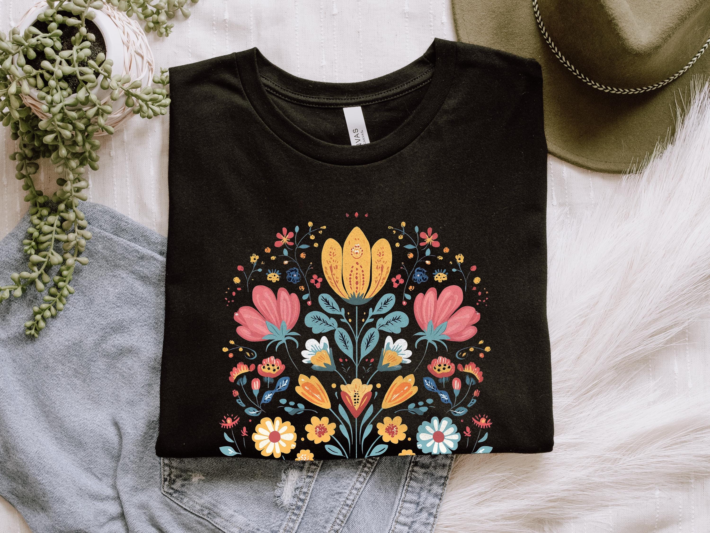 Folk Art Wildflower Shirt, Scandinavian Flower Shirt, Cottagecore Shirt Gift For Her, Garden Flower Gift For Mom, Flower Art Gift For Friend