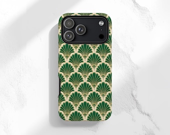May include: A smartphone case featuring a repeating fan-shaped pattern in deep forest green and cream, accented with thin gold lines. The case has a rectangular cutout at the top for a triple-lens camera system and a black camera module housing.
