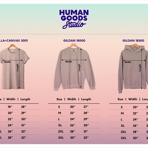 A Human Goods Studio branded sizing chart for a Bella Canvas 3001 t-shirt, Gildan 18000 Crewneck Sweatshirt and Gildan 18500 Hoodie showing all garments in grey. Size, width and length measurements shown for each ranging from size S through 3XL.