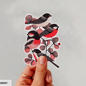A beautiful and minimal illustration of four finches perched in a tree. Design is black, red and cream, printed on a kiss-cut vinyl sticker with a transparent  border. Sticker is being held by a single hand on a neutral, light grey background.