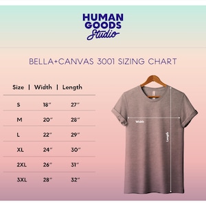 A Bella Canvas 3001 unisex t-shirt sizing chart displaying size, width and length measurements for sizes S through 3XL.