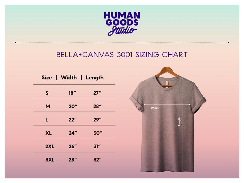 A Bella Canvas 3001 unisex t-shirt sizing chart displaying size, width and length measurements for sizes S through 3XL.