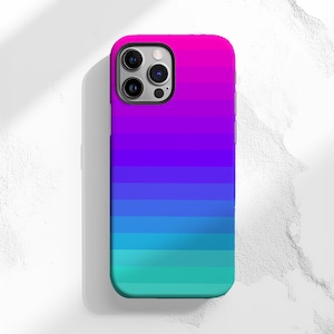 May include: A smartphone case with a vibrant gradient design. The case transitions from a bright pink at the top to a teal green at the bottom, with bands of purple and blue in between. The case has a glossy finish and a camera cutout.
