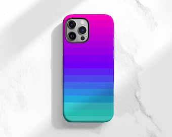 May include: A smartphone case with a vibrant gradient design. The case transitions from a bright pink at the top to a teal green at the bottom, with bands of purple and blue in between. The case has a glossy finish and a camera cutout.