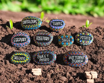 Rock Plant Markers (Set of 5): Hand-Painted, Garden Decor, Herb Labels