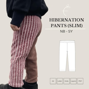 May include: A digital download pattern for sewing slim-fitting trousers for babies and toddlers. The pattern is called "Hibernation Pants (Slim)" and is available in sizes NB - 5Y. The pattern includes instructions for sewing the trousers in A4, Letter, Knits, Layers, and PDF formats.