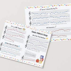 Pode incluir: Uma folha de música imprimível com letras e notação musical para canções infantis clássicas, incluindo "I'm a Little Teapot", "Rain Rain Go Away", "You're a Grand Old Flag", "Oh! Susanna" e "You Are My Sunshine".