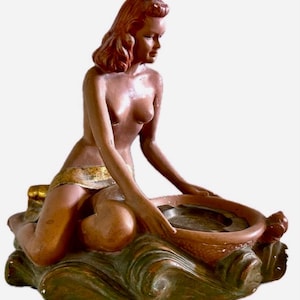 Vintage “Pin-Up” Semi-Nude Figural with Red Hair Chalkware Ashtray  H8.5”xW9”  c1940/50.