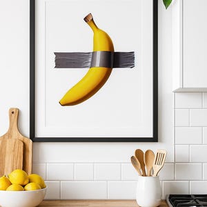Plátano con cinta adhesiva, arte pop imprimible, moderno, minimalista, fruta, decoración de pared, divertido arte de cocina, obra de arte conceptual contemporánea