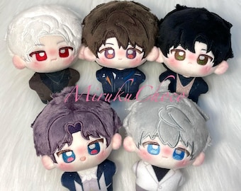 May include: Five plush dolls measuring 10cm or 4in in height, each featuring distinct hair colors including white, brown, black, purple, and light gray. The dolls have embroidered facial features, large colorful eyes, and wear various outfits.