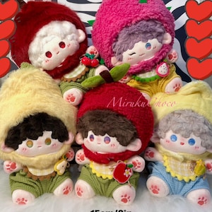 Love and Deepspace Caleb Rafayel Sylus Xavier Zayne pour poupée en peluche de 15 cm/6 po. avec une jolie tenue de fruits, porte-clés à breloques
