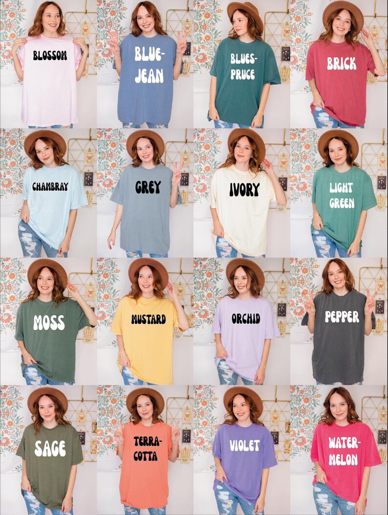 The image is a collage of 12 photos featuring women wearing different colored t-shirts, each with a unique name written on it.