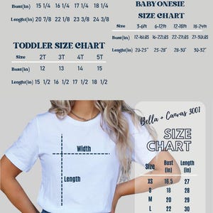 The image is a size chart for a white t-shirt, including measurements for different age groups and sizes.